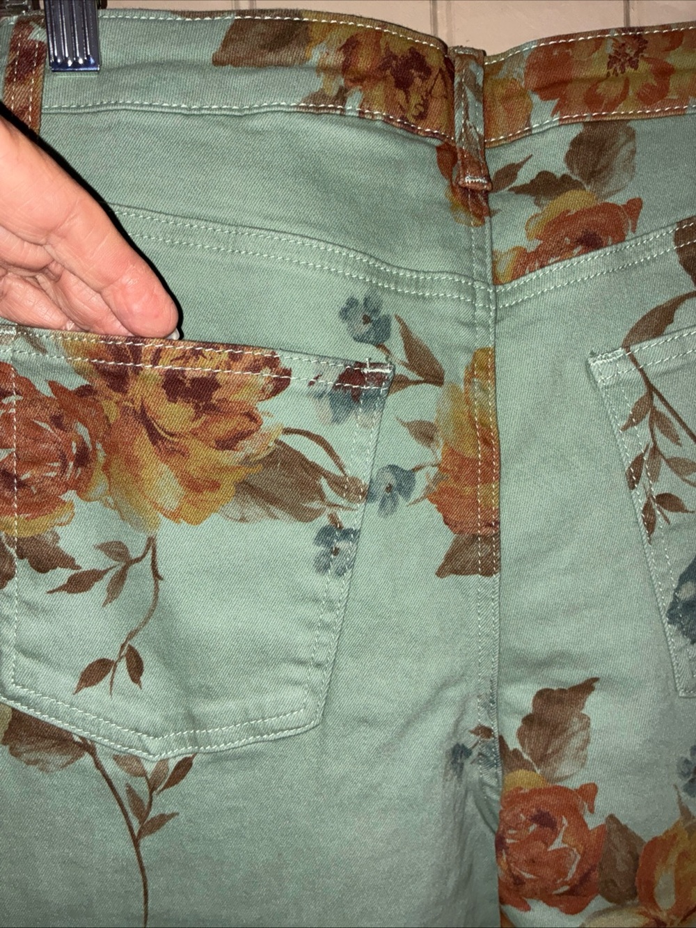 Floral Wide Leg Jeans in Mint with Brown Rose Print - Picture 5 of 9